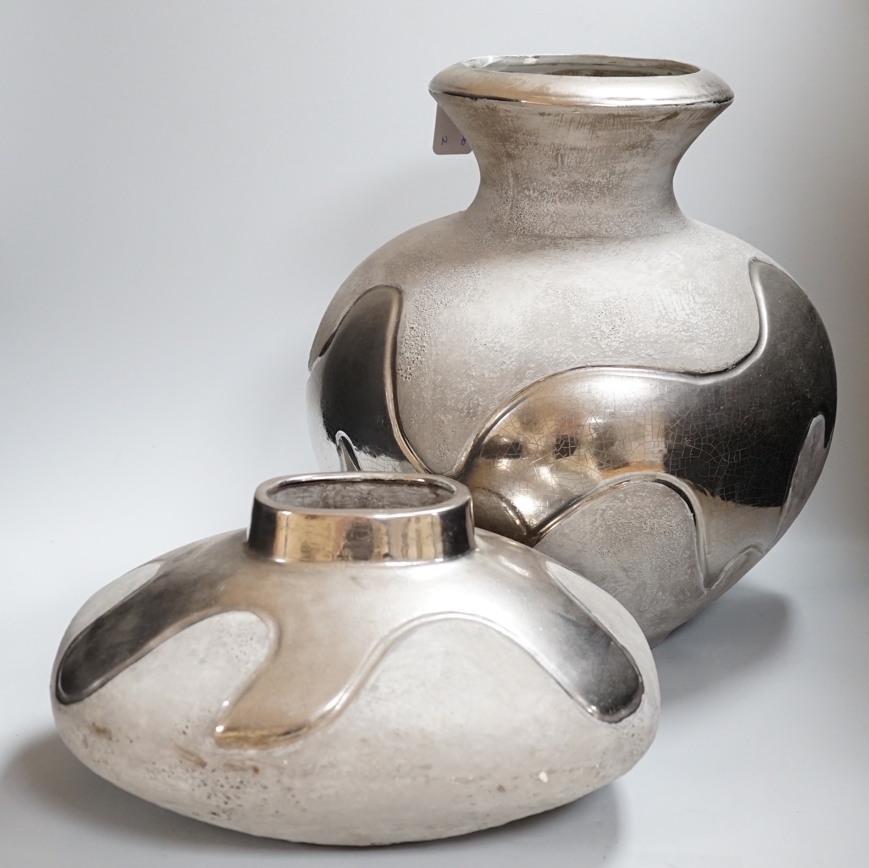 Two large contemporary silver glazed pottery vases, largest 40cm high